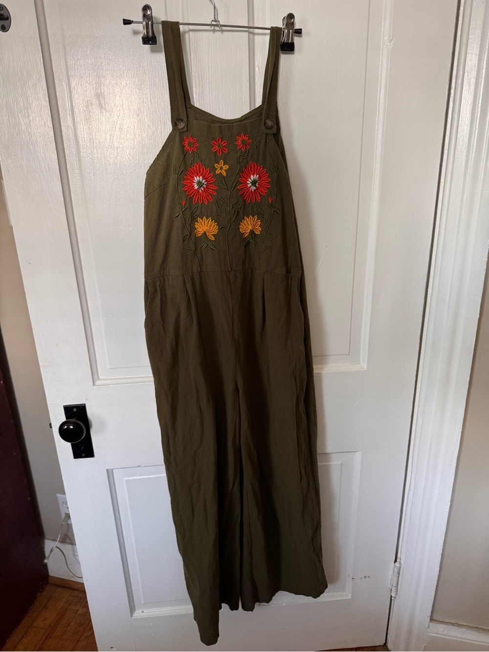 Embroidered Olive Green Overalls with Floral Accents
